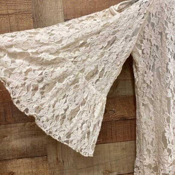 Cream Lace Off-Shoulder Layered Dress With Flared Sleeves L By Elan NWT - Picture 3 of 4
